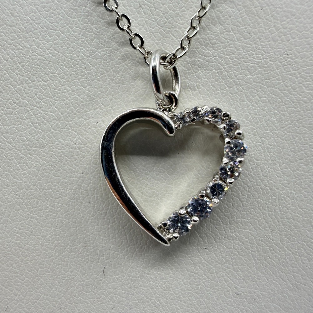 Silver Tone Crystal Heart Pendant Necklace Delicate Layering Romantic Gift Idea